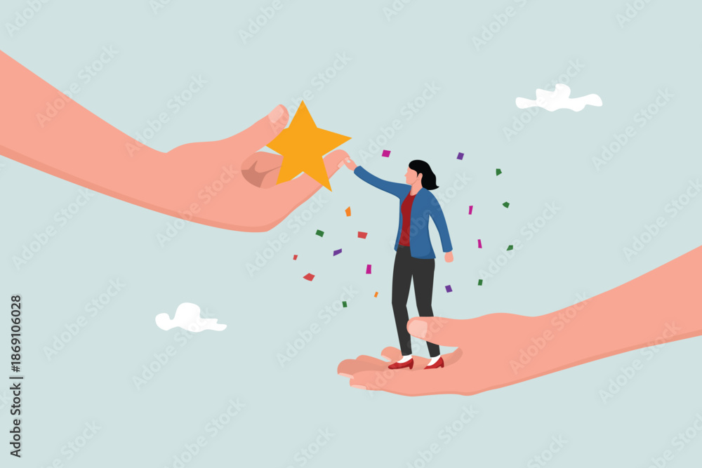 Obraz premium Recognition of employee success, encouraging and motivating best performance, concept of success or achievement, winning self-confidence, female entrepreneurs standing on big hands getting star awards