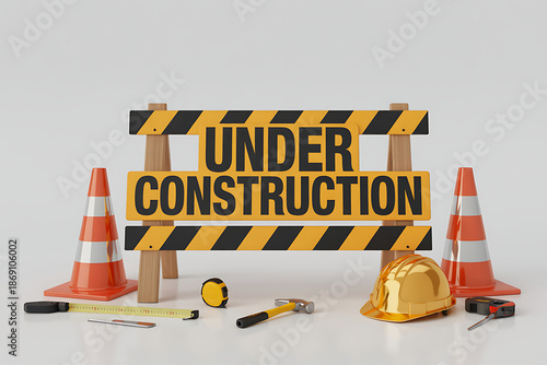 Under construction sign with tools and safety equipment