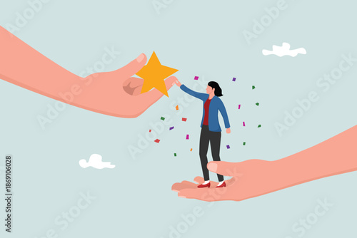Recognition of employee success, encouraging and motivating best performance, concept of success or achievement, winning self-confidence, female entrepreneurs standing on big hands getting star awards