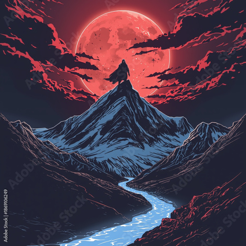 A mysterious figure stands atop a towering peak under the ominous glow of a blood-red moon