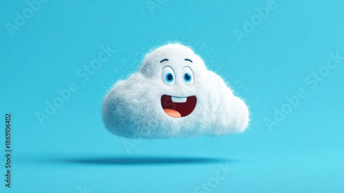 Animated fluffy cloud with smiling face, blue eyes, and open mouth against a blue background