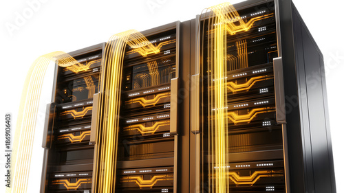 Data server racks with glowing orange fiber optic cables transmitting information, digital network flow, technology concept.