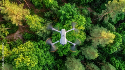 Aerial shot shows a hovering camera device, above a lush green forest, sunlight dappled