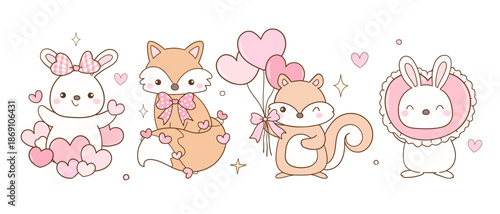 Draw vector sweet woodland animal in love Happy forest Fox Bunny Squirrel Valentines day Doodle cartoon illustration