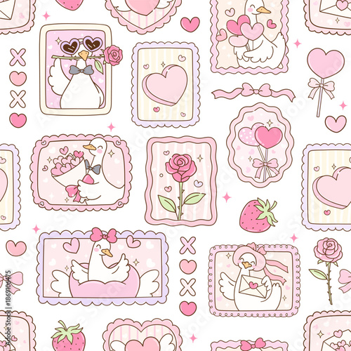 Valentine goose seamless pattern Love duck background Printable for kids Digital pater Doodle cartoon style