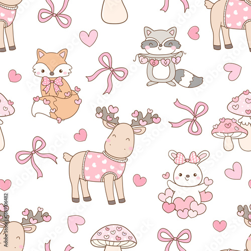 Woodland valentine seamless pattern Love forest background Printable for kids Digital pater Doodle cartoon style