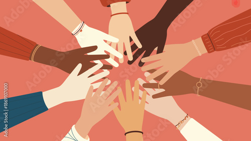 Many diverse hands with varying skin tones reaching inwards to form a supportive circle