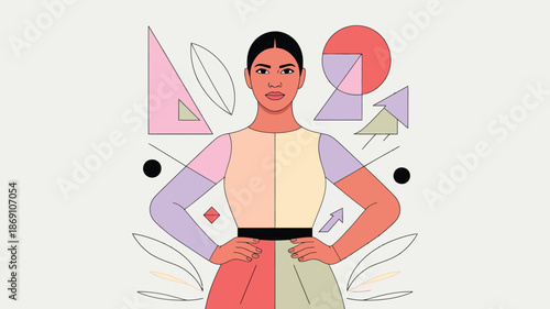 Modern minimalist illustration of a woman with color blocked clothing surrounded by geometric and natural shapes