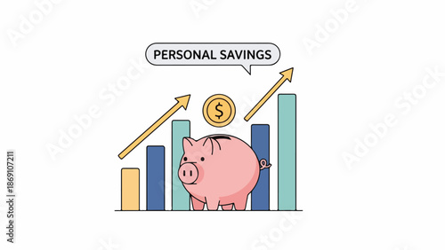 Illustration of a pink piggy bank with a growing bar graph and increasing arrows indicating personal savings on a white background.
