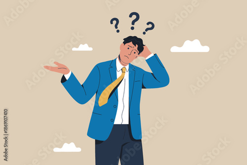 Confused businessman scratching head with question marks above him