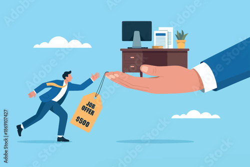 Man running towards a job offer with $500 salary tag
