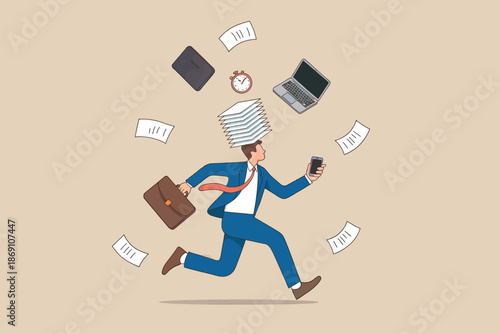 A businessman running with a stack of papers on his head, laptop and briefcase