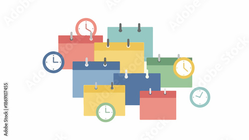 Colorful illustration of calendars and clocks in various colors on a white background with a mix of analog and digital time displays.