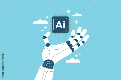 Robot hand holding an artificial intelligence chip representing advanced technology