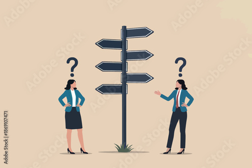 Two businesswomen contemplating critical decisions amidst multiple paths at a complex crossroads