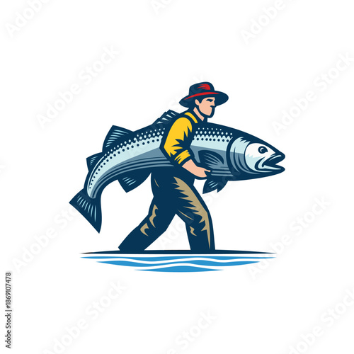 Fisherman Carrying Fish Mascot Logo Vintage Vector