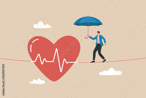 A businessman balances on a tightrope, protecting his heart with an umbrella