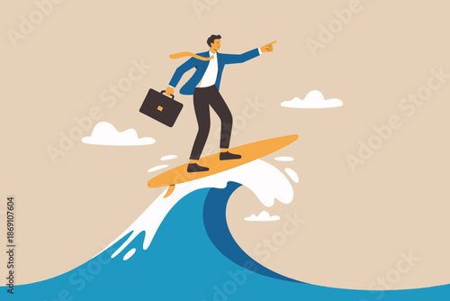 Adaptability and vision: businessman surfing a wave with a briefcase and pointing ahead