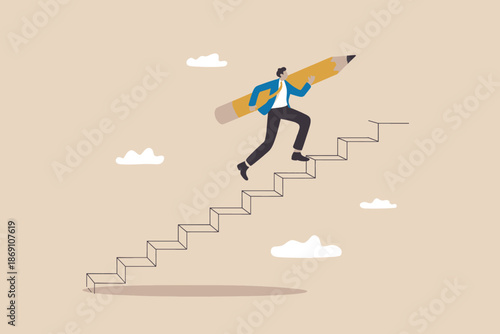 A businessman climbing a staircase with a large pencil, symbolizing creative development and progress