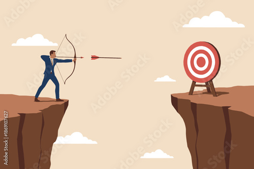 Strategic goal pursuit: businessman aiming with bow and arrow at a target across a chasm