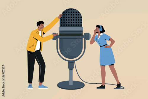 A man and woman preparing for a podcast recording session with a large microphone