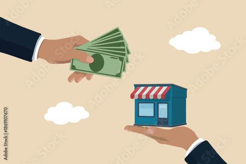 Businessman's hand exchanging cash for a miniature shop, symbolizing business acquisition