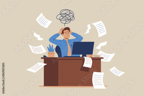 A man feeling overwhelmed and stressed in a busy office with papers flying around