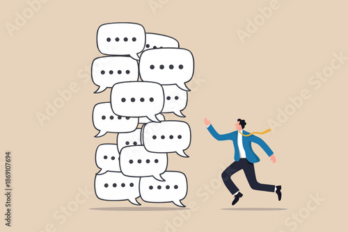 A businessman running away from a huge stack of communication or feedback speech bubbles, feeling overwhelmed by too much information