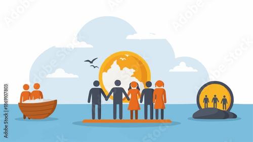 Diverse group of people standing together around the globe representing unity and community.