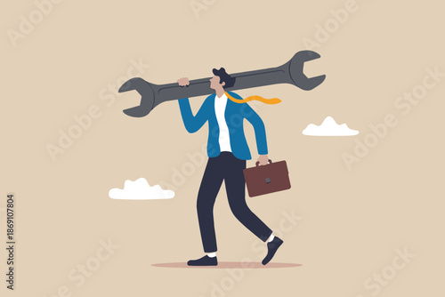A professional man walking with a giant wrench and briefcase, ready for any challenge