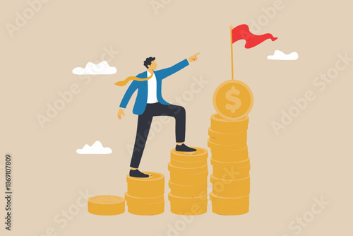 Businessman climbing stacks of coins, aiming for financial success and career growth goals