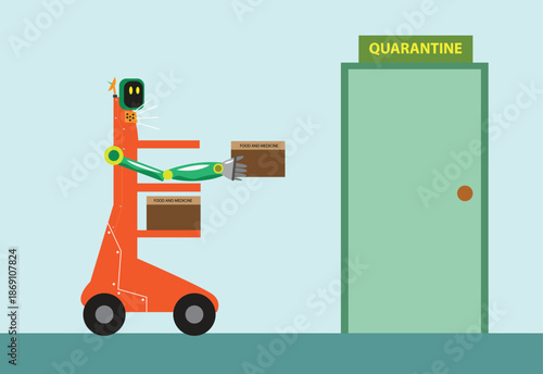 A virtual assistant robot gives food and medicine to a patient under quarantine. Editable Clip Art.