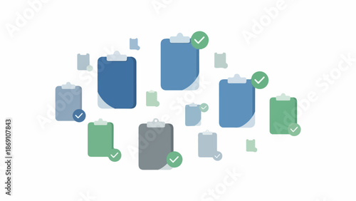 Collection of various blue, green, and gray file icons with checkmarks on a white background, arranged in a scattered composition.