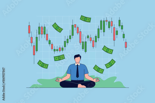 Calm investor meditating for financial success with money and stock chart