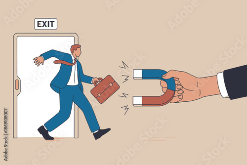 Businessman being pulled back by a powerful magnet while trying to exit