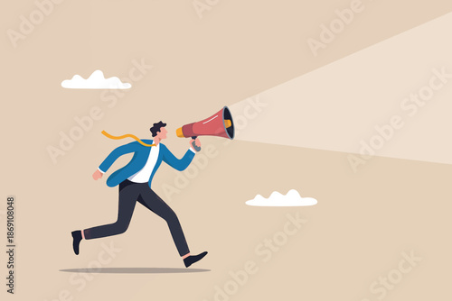 Man running with a megaphone to spread news, make an announcement, or capture attention