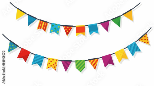 Colorful Party Bunting Flags Hanging on White Background.