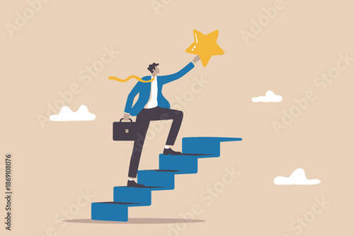 Businessman climbing a career ladder to reach for a golden star, symbolizing ambition and success