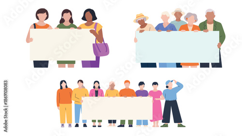 Multiple groups of diverse individuals are shown holding large blank banners for displaying information