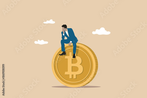 Man in suit pondering financial decisions while sitting on a giant bitcoin coin