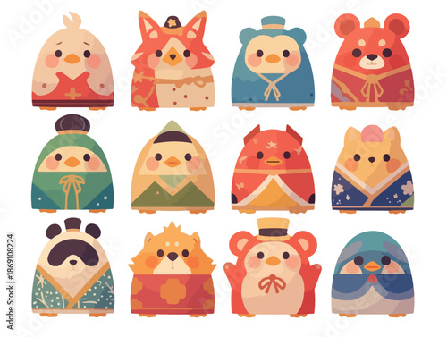 Dwanaście uroczych zwierzęcych postaci w tradycyjnych japońskich strojach, takich jak lis, miś i ptak, tworzy barwną ilustrację w stylu kawaii.