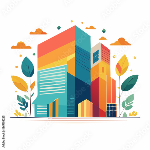 A modern, colorful illustration of a city skyline featuring abstract buildings and stylized trees in a vibrant urban landscape.