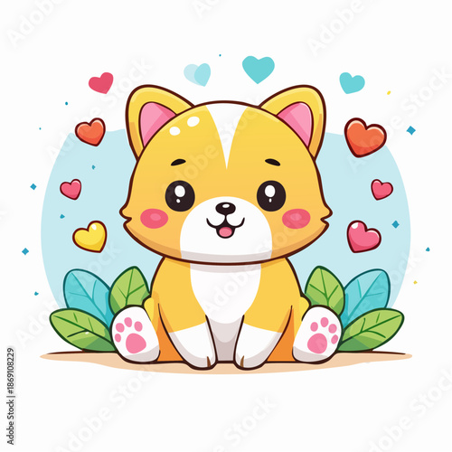 Cute cartoon corgi puppy sitting happily surrounded by colorful hearts and green leaves.