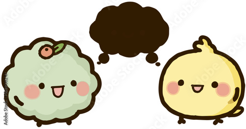Urocze, ręcznie rysowane postacie wektorowe z dymkiem myśli i wesołymi buziami, idealne do projektów dziecięcych, z przezroczystym tłem.