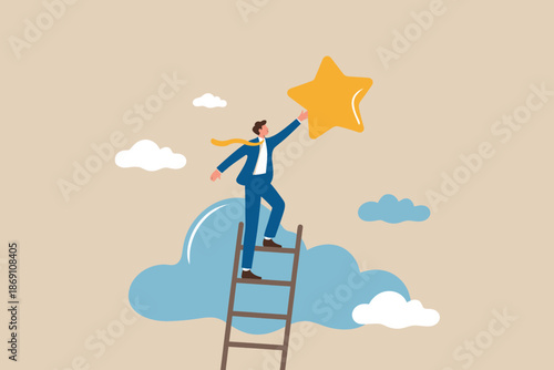 A determined businessman climbing a ladder through clouds to grasp a shining golden star