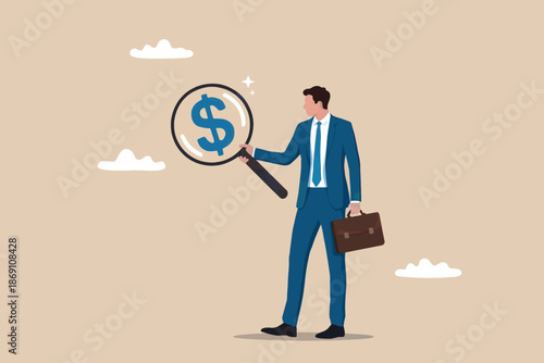 Businessman analyzing dollar sign with a magnifying glass