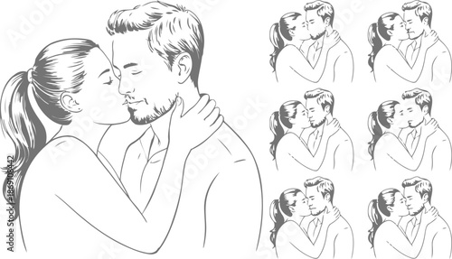 Romantic couple sharing affectionate kisses, celebrating love and connection in a beautiful line art style