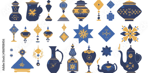 Zestaw wektorowych, przezroczystych elementów dekoracyjnych w stylu arabskim, z granatowymi i złotymi ornamentami, idealny do projektów kulturowych.