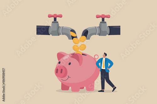 Man watching coins falling into a piggy bank from taps