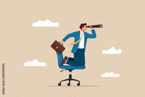 Businessman searching for future opportunities using a telescope while sitting on an office chair